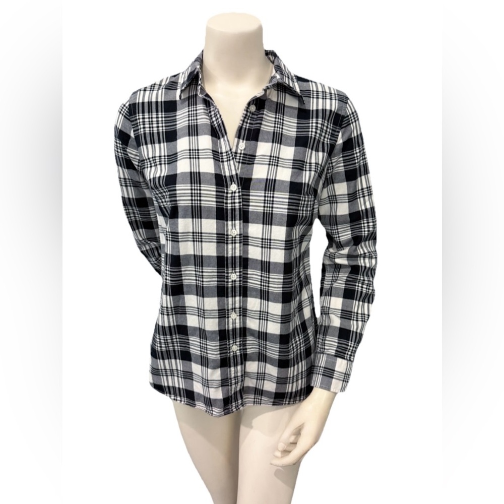 Talbots Black White Plaid Button Down Shirt XS Metallic Thread Cotton Classic
